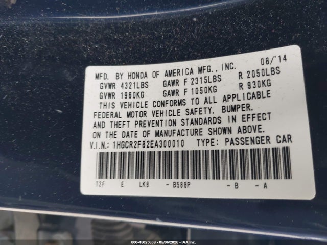 45025838 :رقم المزاد ، 1HGCR2F82EA300010 vin ، 2014 Honda Accord Ex-l مزاد بيع
