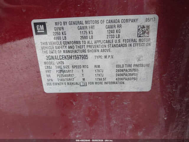 Chevrolet EQUINOX LT 2017 2GNALCEK5H1597905 Image 9