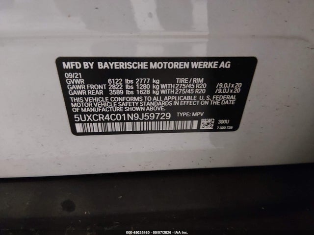 45025860 :رقم المزاد ، 5UXCR4C01N9J59729 vin ، 2022 Bmw X5 Sdrive40i مزاد بيع