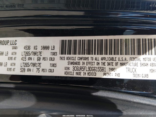 Aukcja sprzedaży 2013 Ram 2500 Laramie, vin: 3C6UR5FL9DG615581, numer aukcji: 45025868