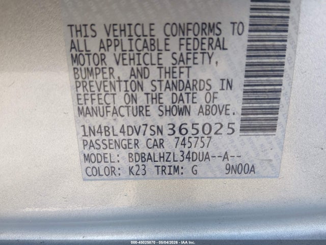 Продаж на аукціоні авто 2025 Nissan Altima Sv Fwd, vin: 1N4BL4DV7SN365025, номер лоту: 45025870