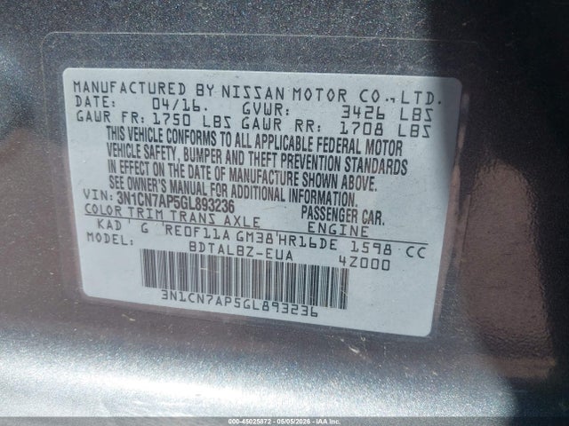 Aukcja sprzedaży 2016 Nissan Versa 1.6 Sv, vin: 3N1CN7AP5GL893236, numer aukcji: 45025872