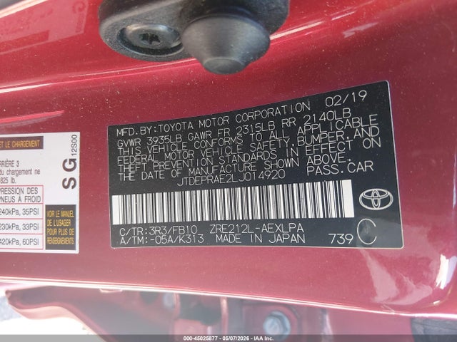 Продаж на аукціоні авто 2020 Toyota Corolla Le, vin: JTDEPRAE2LJ014920, номер лоту: 45025877