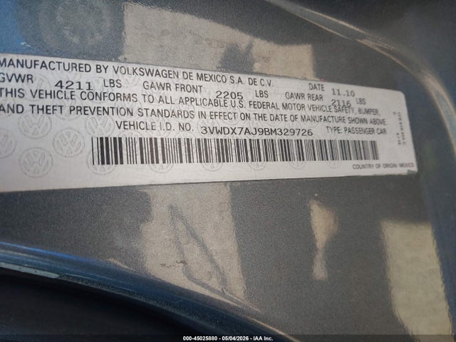 Продаж на аукціоні авто 2011 Volkswagen Jetta 2.5l Se, vin: 3VWDX7AJ9BM329726, номер лоту: 45025880