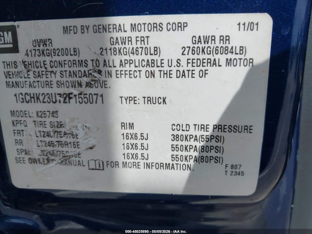 2002 Chevrolet Silverado 2500hd Ls მანქანა იყიდება აუქციონზე, vin: 1GCHK23U72F155071, აუქციონის ნომერი: 45025890