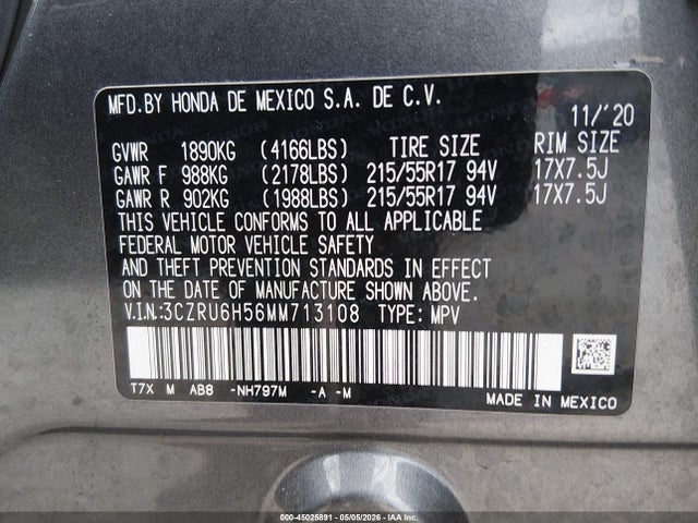 Продаж на аукціоні авто 2021 Honda Hr-v Awd Ex, vin: 3CZRU6H56MM713108, номер лоту: 45025891