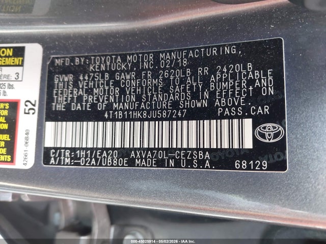 Aukcja sprzedaży 2018 Toyota Camry Se, vin: 4T1B11HK8JU587247, numer aukcji: 45025914