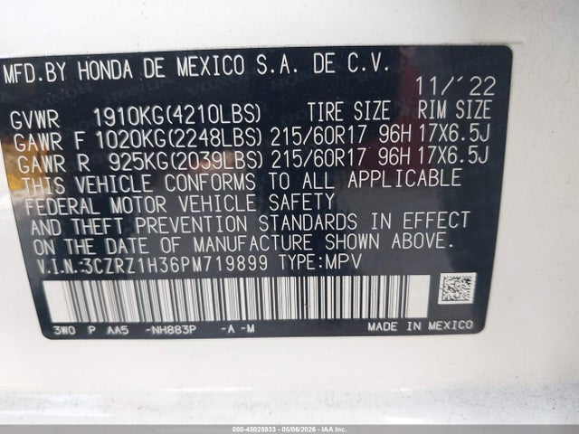Aukcja sprzedaży 2023 Honda Hr-v 2wd Lx, vin: 3CZRZ1H36PM719899, numer aukcji: 45025933