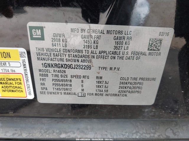 2016 Chevrolet Traverse 1lt მანქანა იყიდება აუქციონზე, vin: 1GNKRGKD9GJ282299, აუქციონის ნომერი: 45025934