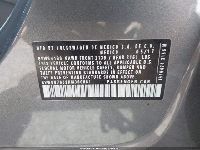 2017 Volkswagen Jetta 1.4t Se მანქანა იყიდება აუქციონზე, vin: 3VWDB7AJ2HM380881, აუქციონის ნომერი: 45025935