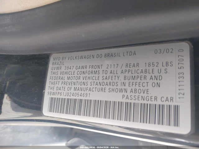 45025936 :رقم المزاد ، 9BWFP61J024054691 vin ، 2002 Volkswagen Golf Gl Tdi مزاد بيع