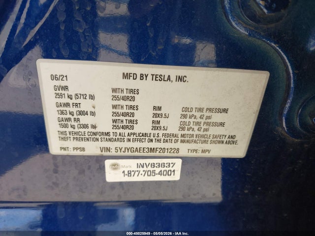 Продаж на аукціоні авто 2021 Tesla Model Y Long Range Dual Motor All-wheel Drive, vin: 5YJYGAEE3MF201228, номер лоту: 45025949
