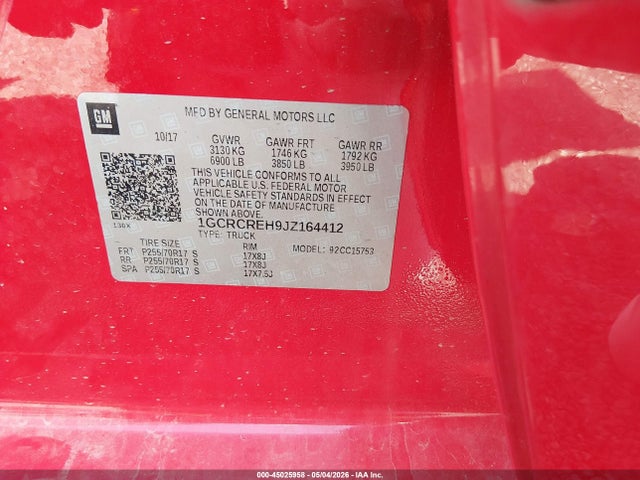 Продажа на аукционе авто 2018 Chevrolet Silverado 1500 1lt, vin: 1GCRCREH9JZ164412, номер лота: 45025958