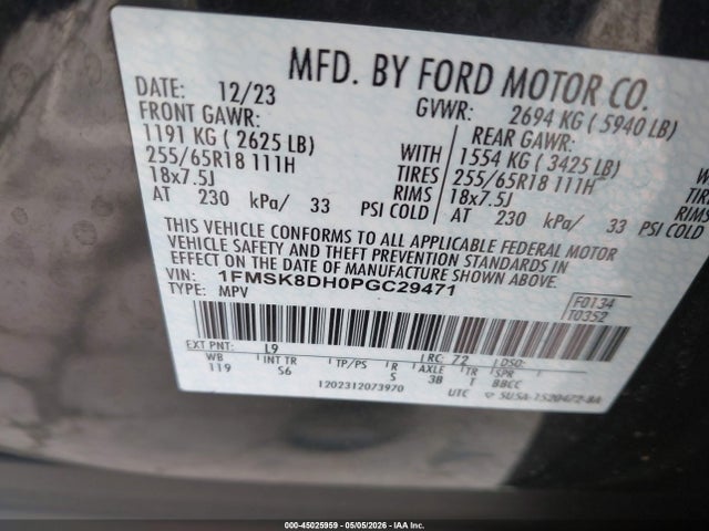 Aukcja sprzedaży 2023 Ford Explorer Xlt, vin: 1FMSK8DH0PGC29471, numer aukcji: 45025959