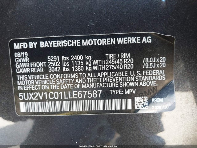 Aukcja sprzedaży 2020 Bmw X4 Xdrive30i, vin: 5UX2V1C01LLE67587, numer aukcji: 45025960