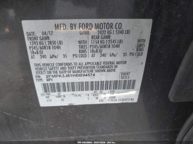 Aukcja sprzedaży 2017 Ford Edge Sel, vin: 2FMPK3J81HBB94574, numer aukcji: 45025964