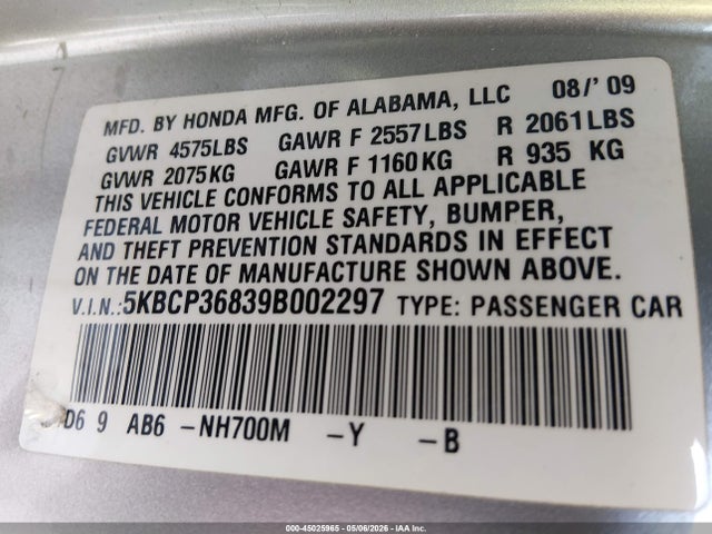 2009 Honda Accord 3.5 Ex-l მანქანა იყიდება აუქციონზე, vin: 5KBCP36839B002297, აუქციონის ნომერი: 45025965