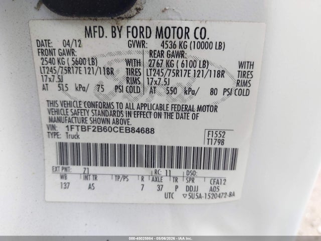 Aukcja sprzedaży 2012 Ford F-250 Xl, vin: 1FTBF2B60CEB84688, numer aukcji: 45025984