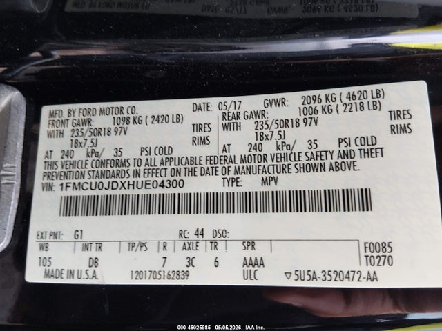 Продажа на аукционе авто 2017 Ford Escape Titanium, vin: 1FMCU0JDXHUE04300, номер лота: 45025985