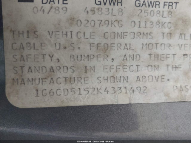 45025986 :رقم المزاد ، 1G6CD5152K4331492 vin ، 1989 Cadillac Deville مزاد بيع