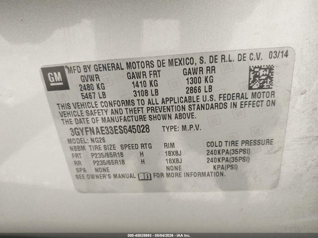 Auction sale of the 2014 Cadillac Srx Standard, vin: 3GYFNAE33ES645028, lot number: 45025993