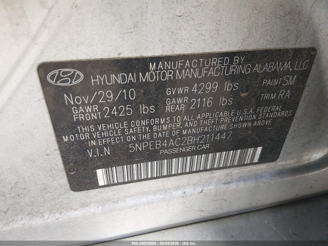 Продажа на аукционе авто 2011 Hyundai Sonata Gls, vin: 5NPEB4AC2BH211447, номер лота: 45025995