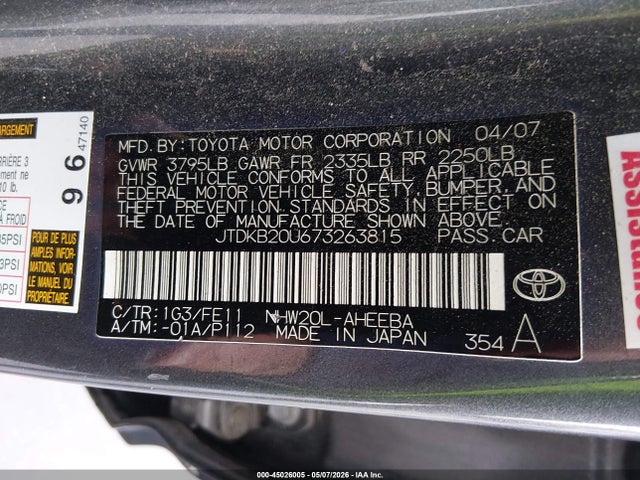 45026005 :رقم المزاد ، JTDKB20U673263815 vin ، 2007 Toyota Prius Touring مزاد بيع