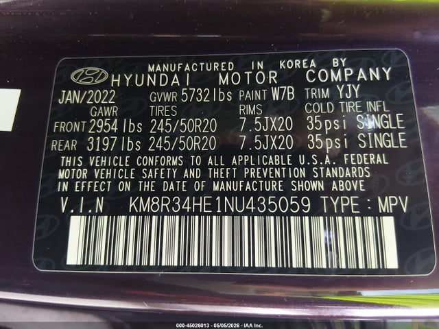 45026013 :رقم المزاد ، KM8R34HE1NU435059 vin ، 2022 Hyundai Palisade Sel مزاد بيع