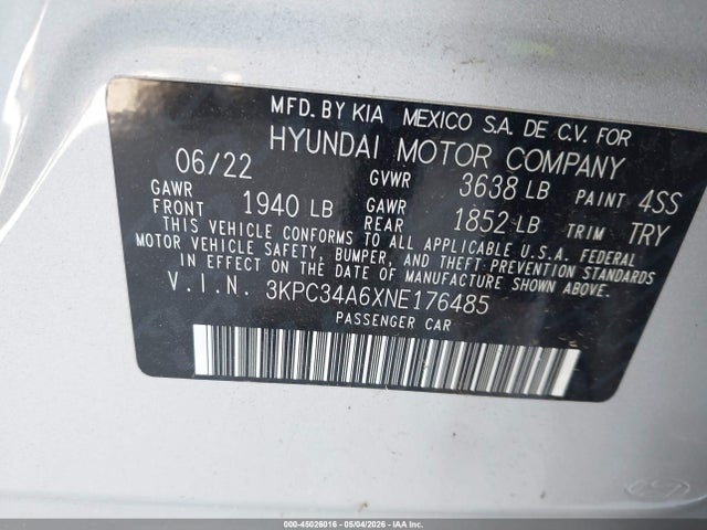 Продажа на аукционе авто 2022 Hyundai Accent Limited, vin: 3KPC34A6XNE176485, номер лота: 45026016