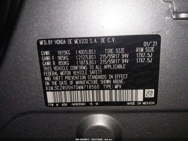 45026017 :رقم المزاد ، 3CZRU5H70MM718560 vin ، 2021 Honda Hr-v 2wd Ex-l مزاد بيع
