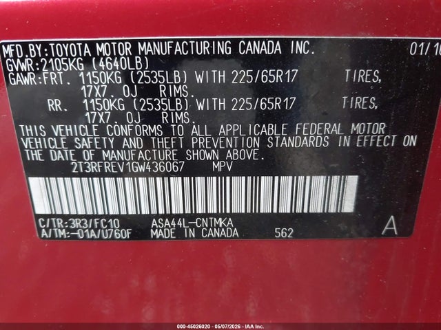 2016 Toyota Rav4 Xle მანქანა იყიდება აუქციონზე, vin: 2T3RFREV1GW436067, აუქციონის ნომერი: 45026020