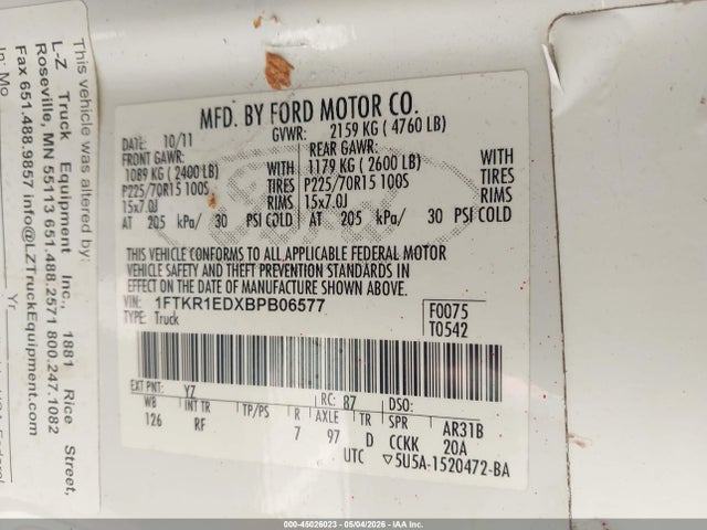 45026023 :رقم المزاد ، 1FTKR1EDXBPB06577 vin ، 2011 Ford Ranger Xl مزاد بيع