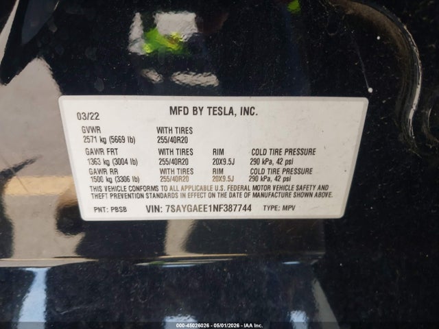 45026026 :رقم المزاد ، 7SAYGAEE1NF387744 vin ، 2022 Tesla Model Y Long Range Dual Motor All-wheel Drive مزاد بيع