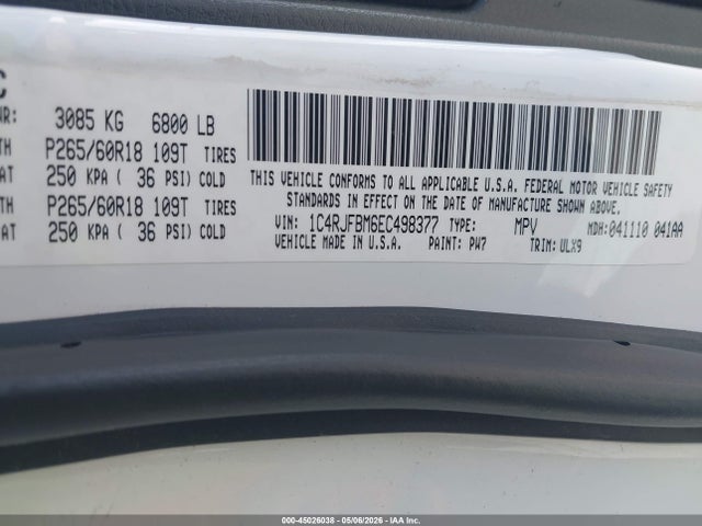 2014 Jeep Grand Cherokee Limited მანქანა იყიდება აუქციონზე, vin: 1C4RJFBM6EC498377, აუქციონის ნომერი: 45026038