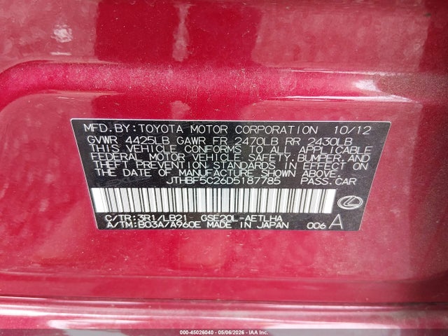 Продаж на аукціоні авто 2013 Lexus Is 250, vin: JTHBF5C26D5187785, номер лоту: 45026040