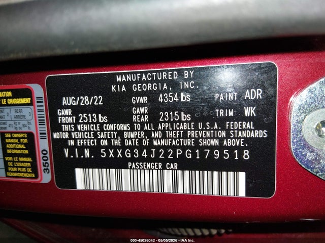 45026042 :رقم المزاد ، 5XXG34J22PG179518 vin ، 2023 Kia K5 Ex مزاد بيع