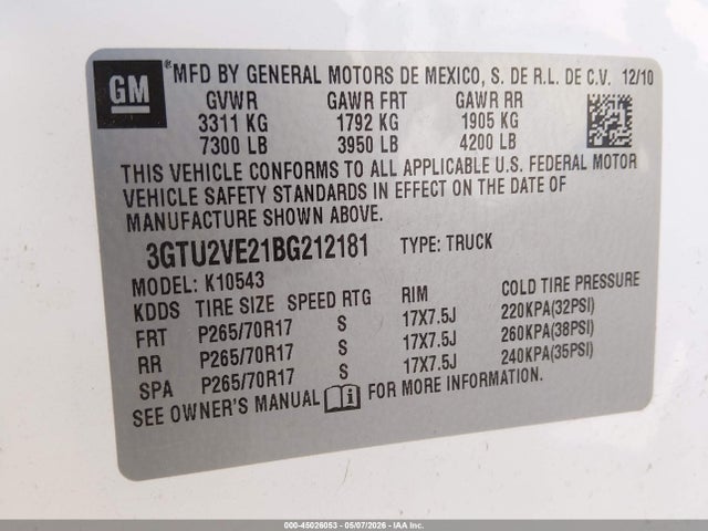 Aukcja sprzedaży 2011 Gmc Sierra 1500 Sle, vin: 3GTU2VE21BG212181, numer aukcji: 45026053