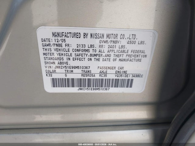 45026055 :رقم المزاد ، JNKCV51E96M510367 vin ، 2006 Infiniti G35 مزاد بيع