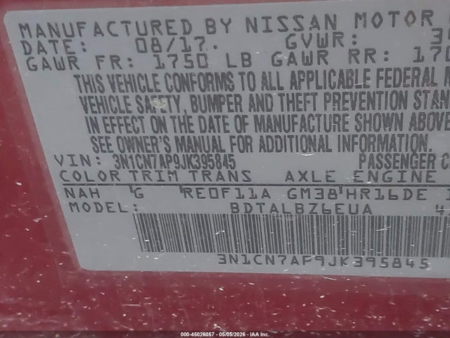 2018 Nissan Versa 1.6 Sv მანქანა იყიდება აუქციონზე, vin: 3N1CN7AP9JK395845, აუქციონის ნომერი: 45026057