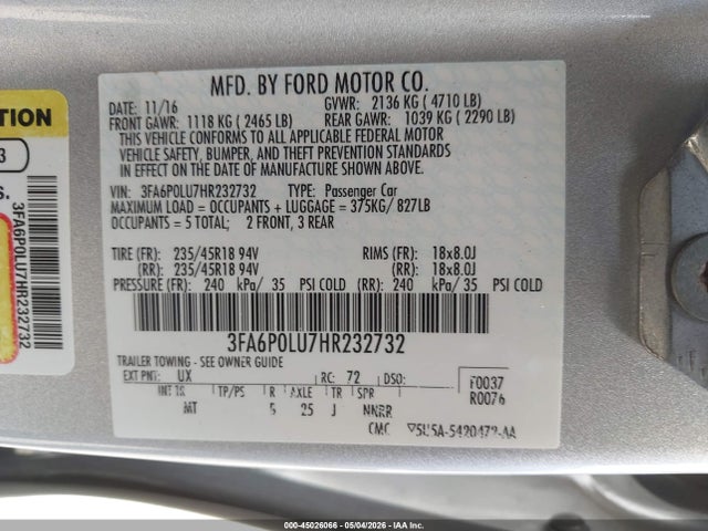 3FA6P0LU7HR232732 Ford Fusion Hybrid Se