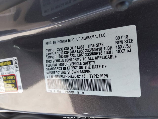 Honda ODYSSEY EX 2019 5FNRL6H54KB042113 Image 9
