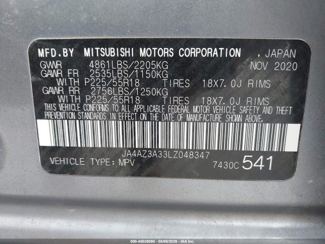 2020 Mitsubishi Outlander Es 2.4 S-awc/le 2.4 S-awc/se 2.4 S-awc/sel 2.4 S-awc/sp 2.4 S-awc მანქანა იყიდება აუქციონზე, vin: JA4AZ3A33LZ048347, აუქციონის ნომერი: 45026090