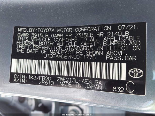 JTDEAMDE7NJ041775 Toyota Corolla Hybrid Le