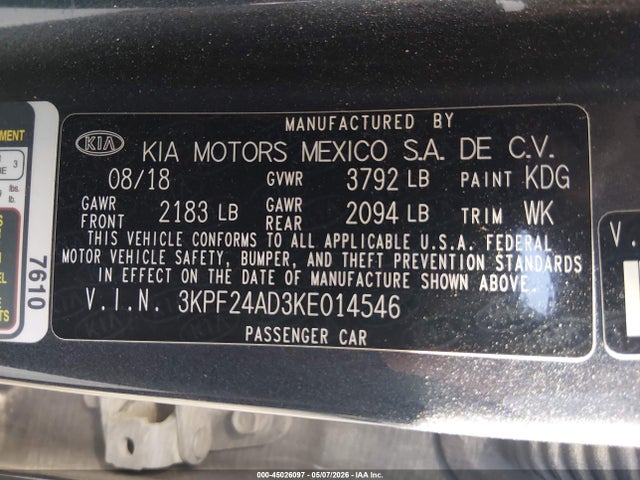 2019 Kia Forte Lxs მანქანა იყიდება აუქციონზე, vin: 3KPF24AD3KE014546, აუქციონის ნომერი: 45026097