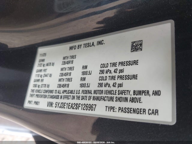 Tesla MODEL 3 2025 5YJ3E1EA2SF126967 Image 9