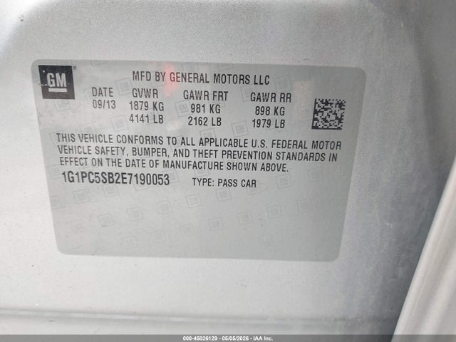 45026129 :رقم المزاد ، 1G1PC5SB2E7190053 vin ، 2014 Chevrolet Cruze 1lt Auto مزاد بيع