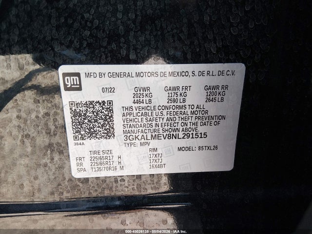 Aukcja sprzedaży 2022 Gmc Terrain Fwd Sle, vin: 3GKALMEV8NL291515, numer aukcji: 45026135