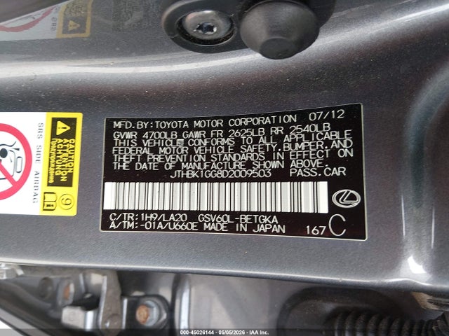 Aukcja sprzedaży 2013 Lexus Es 350, vin: JTHBK1GG8D2009503, numer aukcji: 45026144