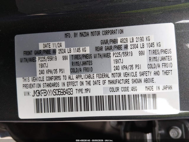45026145 :رقم المزاد ، JM3KFBXYXS0598493 vin ، 2025 Mazda Cx-5 2.5 Turbo Signature مزاد بيع