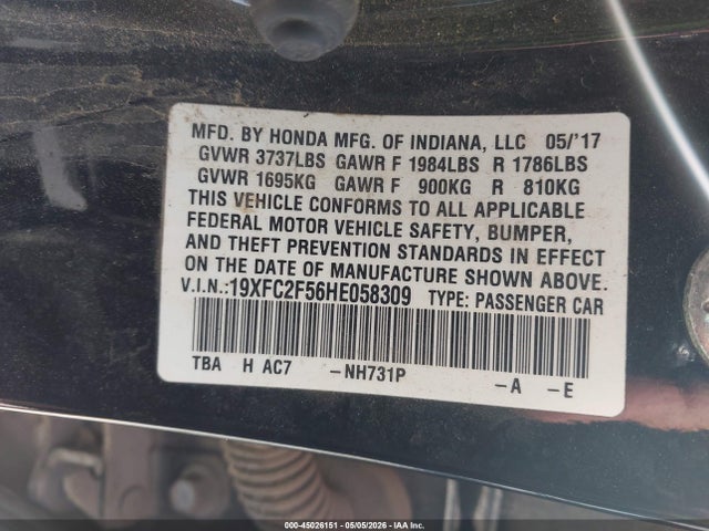 45026151 :رقم المزاد ، 19XFC2F56HE058309 vin ، 2017 Honda Civic Lx مزاد بيع